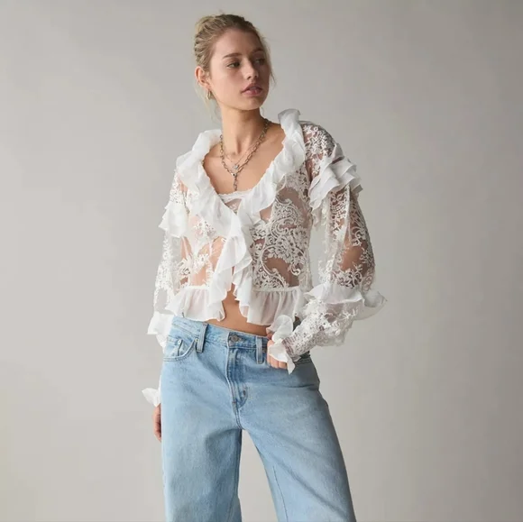 For Love & Lemons Holiday Lace Blouse (SAMPLE) Silk Top S Romantic Sheer Lace - Picture 3 of 16